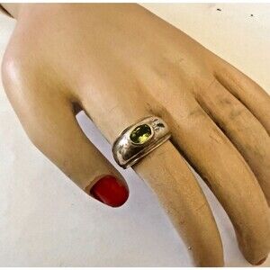 Vintage Signed Sterling Silver & Green Peridot Wide Band Ring Size 8.75